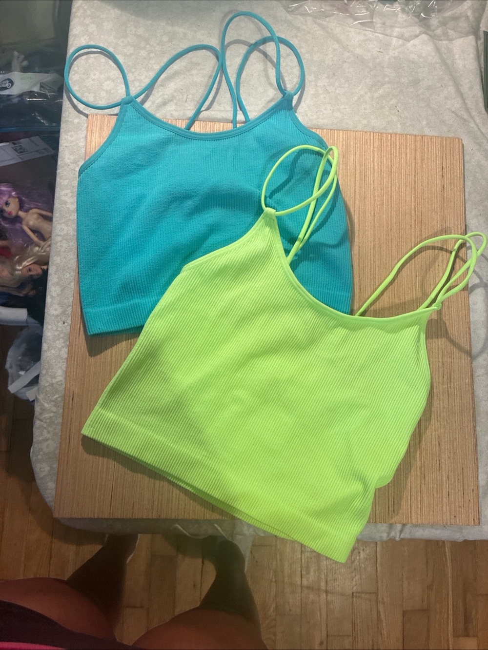 No Boundaries Neon Lime & Aqua Ribbed Double-Strap Crop Camis size medium/small